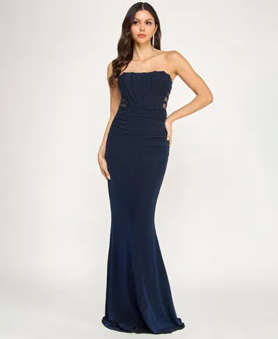 City Studios Juniors' Glitter Knit Strapless Gown In Blue