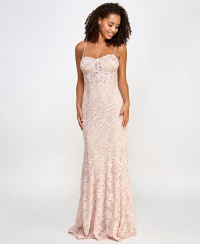 City Studios Juniors' Glitter Lace Bustier Gown With Appliques In Blush (rosepink)
