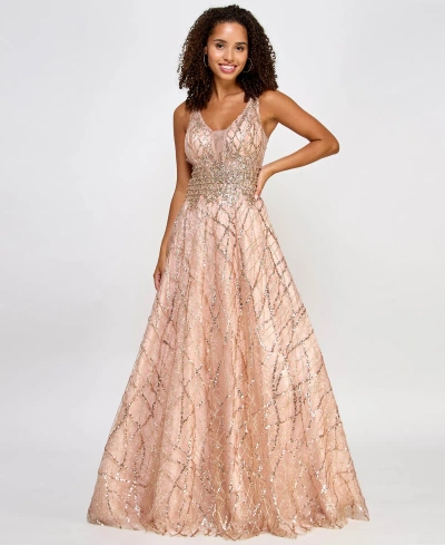 City Studios Juniors' Glitter-lace Embellished-waist Plunge-back Gown In Pale Peach