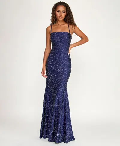 City Studios Juniors' Glitter Satin Square Neck Gown In Blue