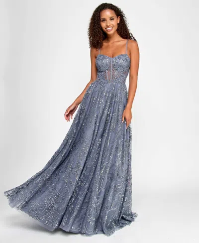 City Studios Juniors' Glitter Sequin Mesh Ball Gown, Created For Macy's In Gunmetal