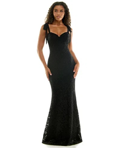 City Studios Juniors' Glitter-lace Tie-shoulder Sweetheart Gown In Black