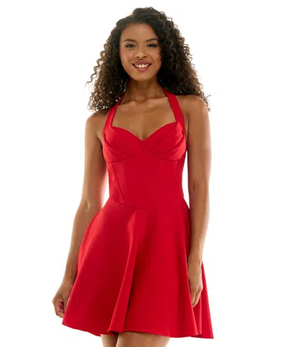 City Studios Juniors' Halter Neck Fit And Flare Dress In Red