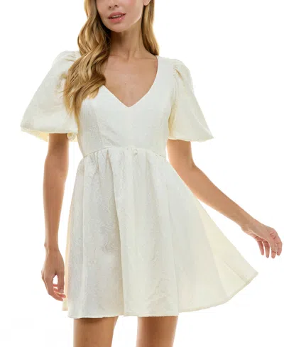 City Studios Juniors' Jacquard Balloon-sleeve Fit & Flare Dress In Ivory