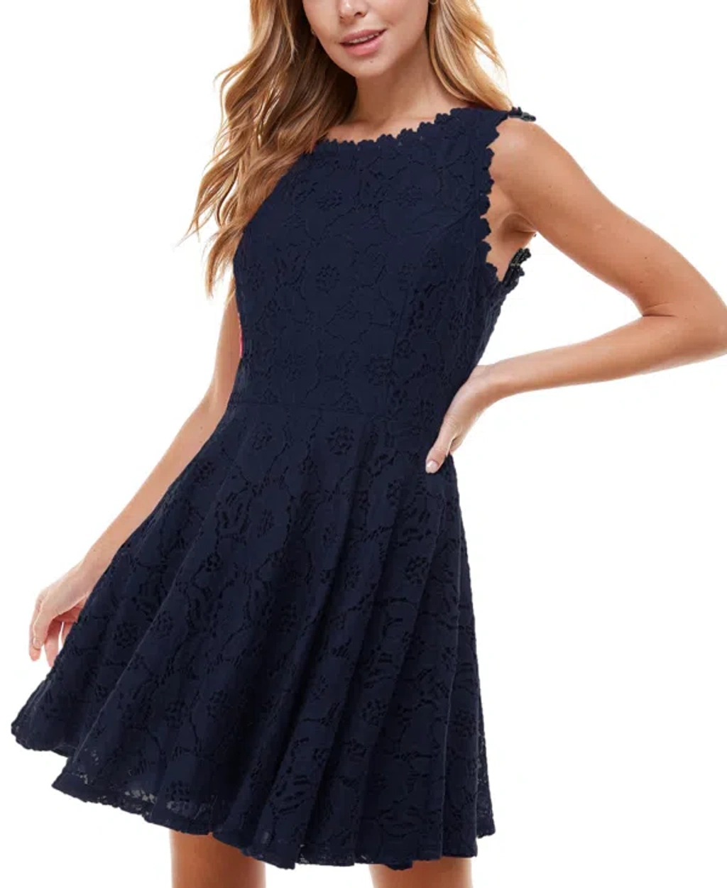 City Studios Juniors' Lace Fit & Flare Dress In Navy | ModeSens