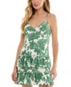 City Studios Juniors' Leaf-print Tiered-ruffle Mini Dress In Dark Green
