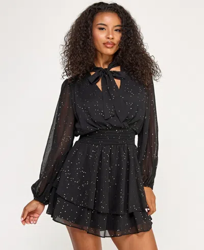 City Studios Juniors' Long Sleeve Foil Dot Tie Dress In Black