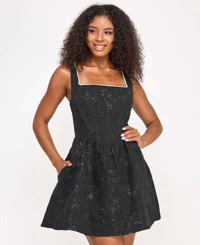 City Studios Juniors' Metallic Jacquard Fit & Flare Dress In Black