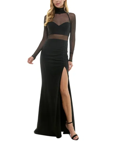 City Studios Juniors' Mock-neck Long-sleeve Slit-front Gown In Black