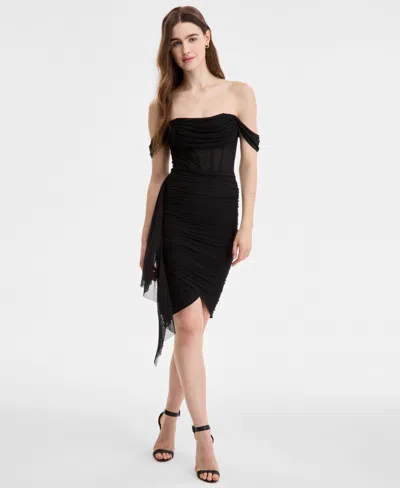 City Studios Juniors' Off-the-shoulder Corset Mesh Dress In Black