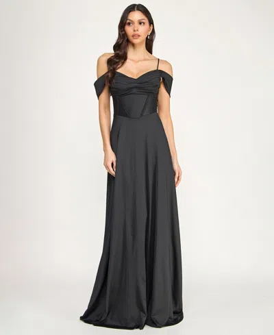 City Studios Juniors' Off-the-shoulder Lace Up Back Gown In Black