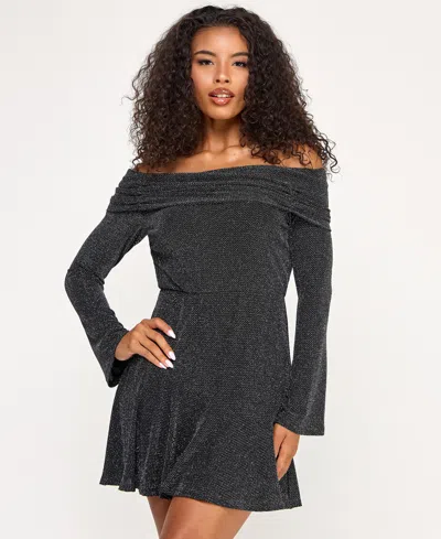 City Studios Juniors' Off-the-shoulder Metallic Dress In Gray