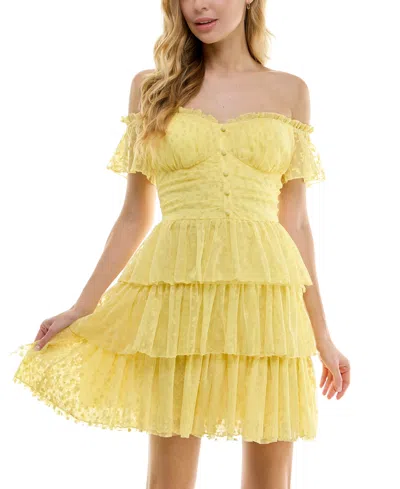 City Studios Juniors' Off-the-shoulder Tiered Ruffle-trim Dress In Yellow