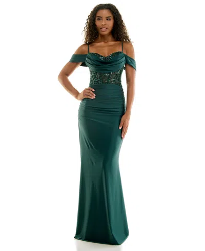 City Studios Juniors' Off-the-shoulder Beaded Lace-up Back Gown In Deep Hunter