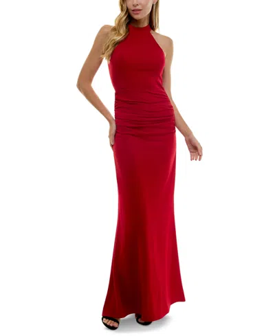 City Studios Juniors' Open-back High-neck Evening Gown In Garnet