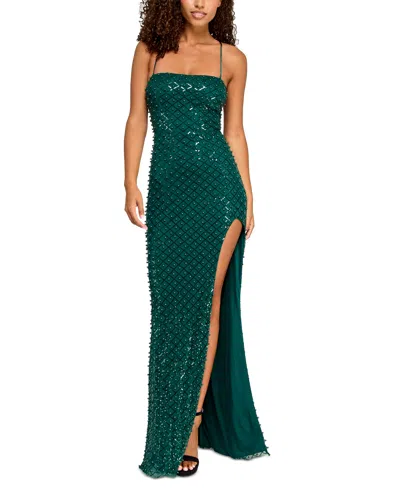 City Studios Juniors' Faux Pearl-sequin Straight-neck Gown, Created For Macy's In Hunter
