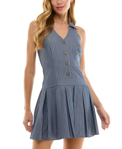 City Studios Juniors' Pinstripe Halter Pleated Mini Dress In Navy
