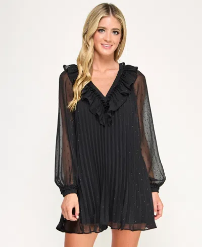 City Studios Juniors' Pleated Clip Dot Long Sleeve Dress In Black