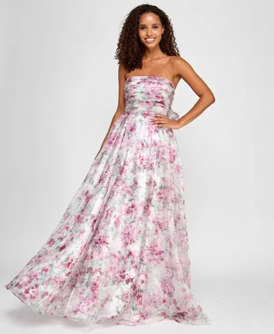 City Studios Juniors' Pleated Strapless Floral-print Gown, Created For Macy's In Ivory Rose