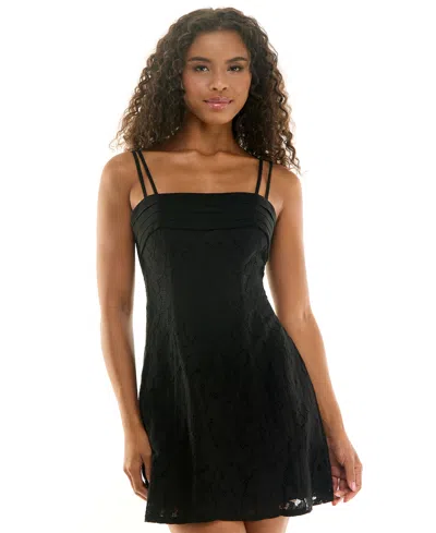 City Studios Juniors' Pleated Top Short Lace Dress In Black