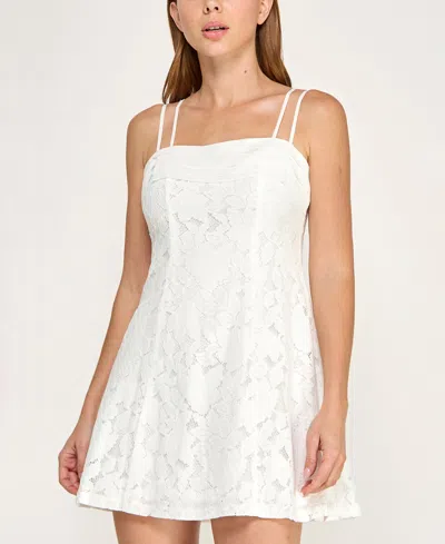City Studios Juniors' Pleated Top Short Lace Dress In White