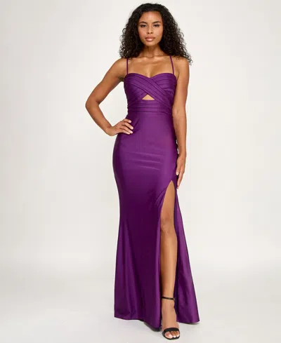 City Studios Juniors' Pleated Twist Front Satin Dress In Purple