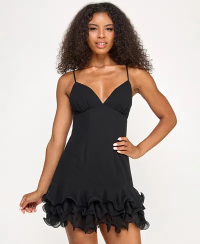 City Studios Juniors' Plunge-neck Chiffon Fit & Flare Dress In Black