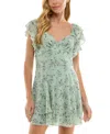City Studios Juniors' Printed Flutter-sleeve Chiffon Dress In Sage,purple