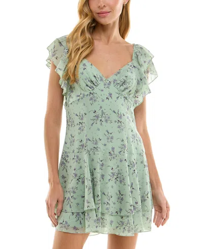 City Studios Juniors' Printed Flutter-sleeve Chiffon Dress In Sage,purple
