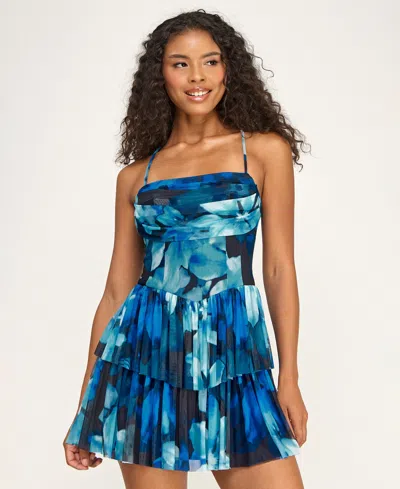 City Studios Juniors' Printed Mesh Straight Neck Tiered Mini Dress In Multi