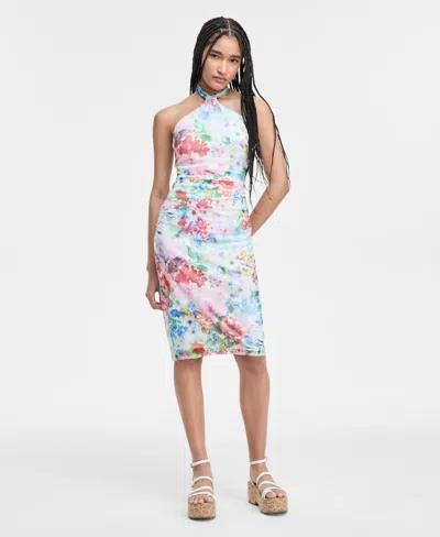 City Studios Juniors' Printed Mesh Tie-back Halter Dress In Ivory,multi