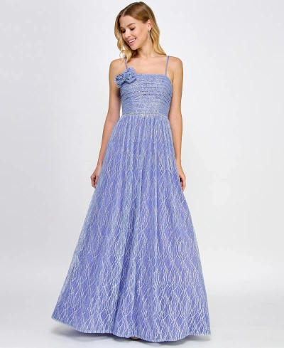 City Studios Juniors' Rosette Glitter Tulle Gown, Created For Macy's In Periwinkle,silver