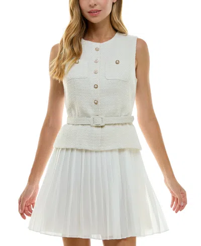 City Studios Juniors' Round-neck Mixed-media Belted Dress In Ivory