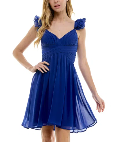 City Studios Juniors' Ruffle-sleeve Lace-up Back Fit & Flare Dress In Deep Royal