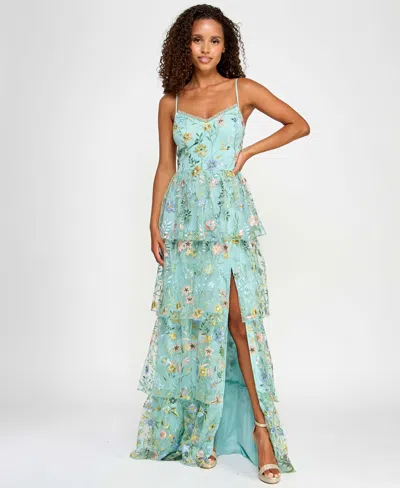 City Studios Juniors' Ruffled Embroidered Tiered Gown, Created For Macy's In Mint Multi