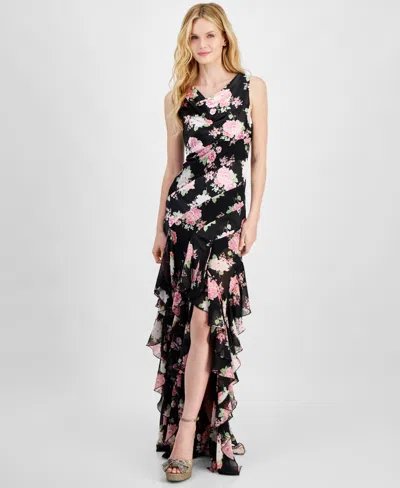 City Studios Juniors' Ruffled Floral Maxi Dress In Black,pink