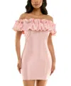 City Studios Juniors' Ruffled-off-the-shoulder Bodycon Shimmer Dress In Blush