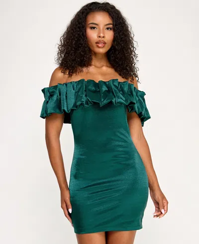 City Studios Juniors' Ruffled-off-the-shoulder Bodycon Shimmer Dress In Green