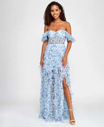 City Studios Juniors' Ruffled Off-the-shoulder Corset Gown, Created For Macy's In Ivory Blue