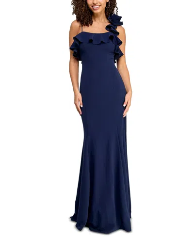 City Studios Juniors' Ruffled Scuba Fit & Flare Gown In Navy