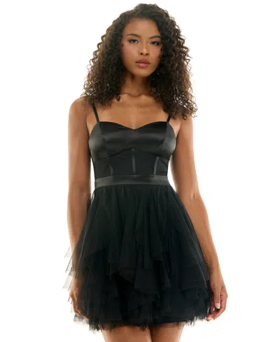 City Studios Juniors' Satin And Chiffon Sleeveless Fit & Flare Dress In Black