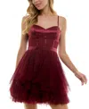 City Studios Juniors' Satin And Chiffon Sleeveless Fit & Flare Dress In Cabernet