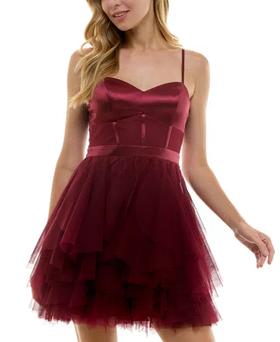 City Studios Juniors' Satin And Chiffon Sleeveless Fit & Flare Dress In Wine