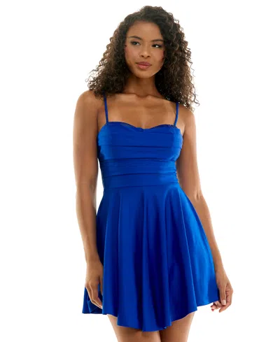 City Studios Juniors' Satin Sweetheart Rhinestone Trim Neckline Fit & Flare Dress In Blue