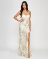 City Studios Juniors' Satin Twist-front Bow-back Sequined Gown In Ivory,green,pink