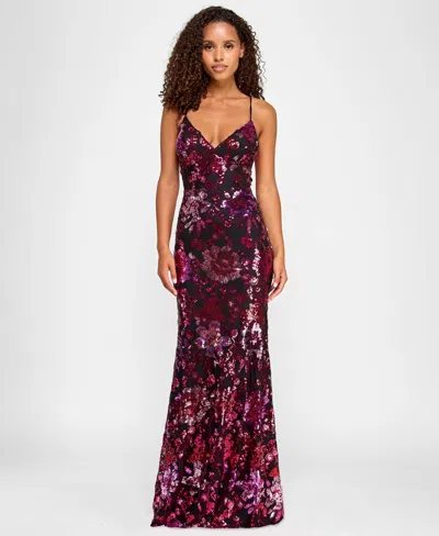 City Studios Juniors' Sequin Embellished V-neck Sleeveless Gown, Created For Macy's In Red,magenta