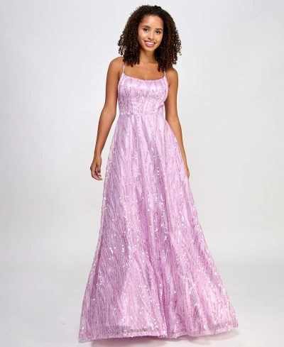City Studios Juniors' Sequin Embroidered Sleeveless Open-back Lace-up Gown, Created For Macy's In Lilac