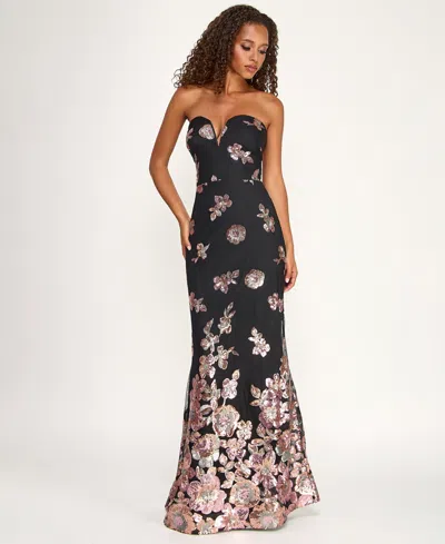 City Studios Juniors' Sequin Flower Long Slim Gown In Black