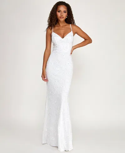 City Studios Juniors' Sequin Long Mermaid Gown In White