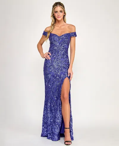 City Studios Juniors' Sequin Off-the-shoulder Lace-up Back Gown In Purple
